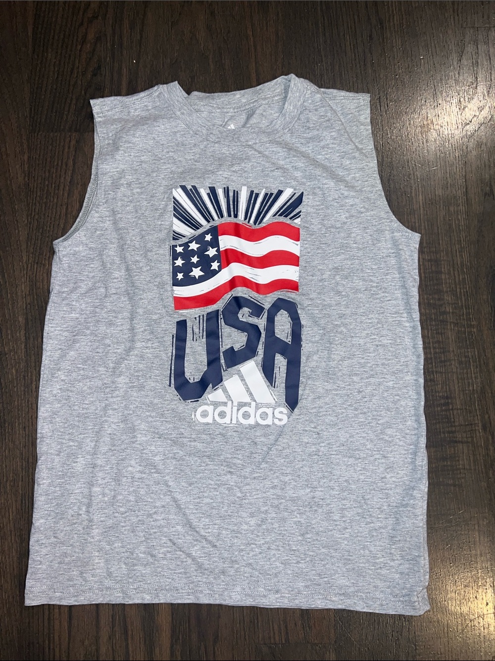 adidas Gray Sleeveless USA Graphic Tank with Navy & Red Print